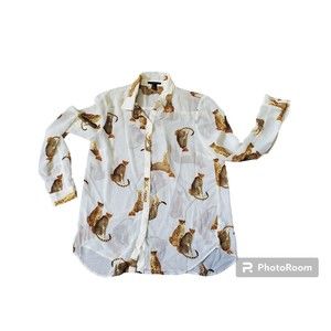 Forever 21 Womens Size Small Sheer Long Sleeve Cheetah Button Down Blouse Cute